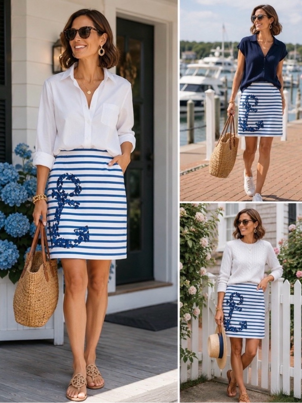 Boden Embroidered Floral Striped A-Line Skirt Blue Ivory Size 6 Nautical